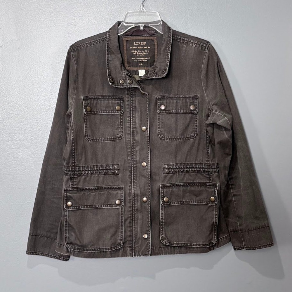 J.Crew Relaxed Boyfriend Field Jacket Womens L Gray Cotton Utility Military Boho